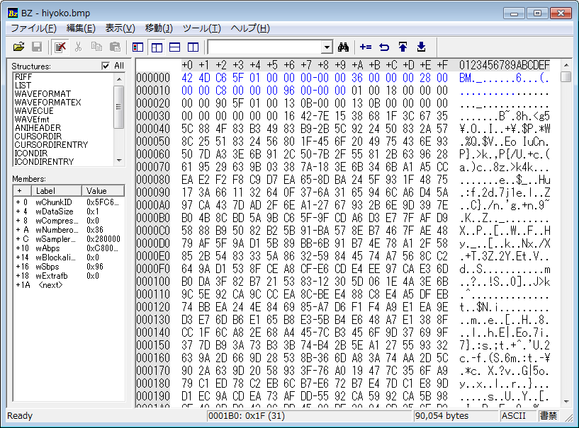 BMPファイルをバイナリエディタで開いた画像